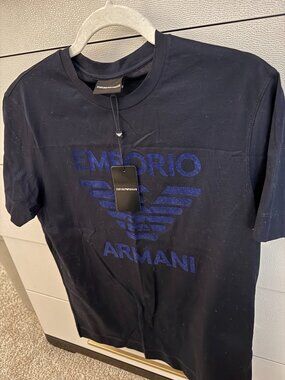 NWT - Emporio Armani - Navy Flocked Logo-Print - T-shirt - Medium
